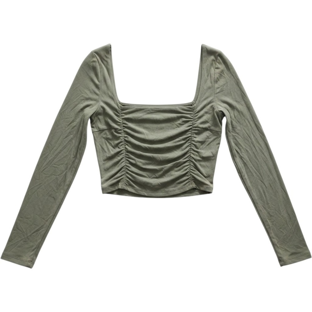 Wilfred Aritzia Olive Green Ruched Square Neck Long Sleeve Crop Top Size M Basic
